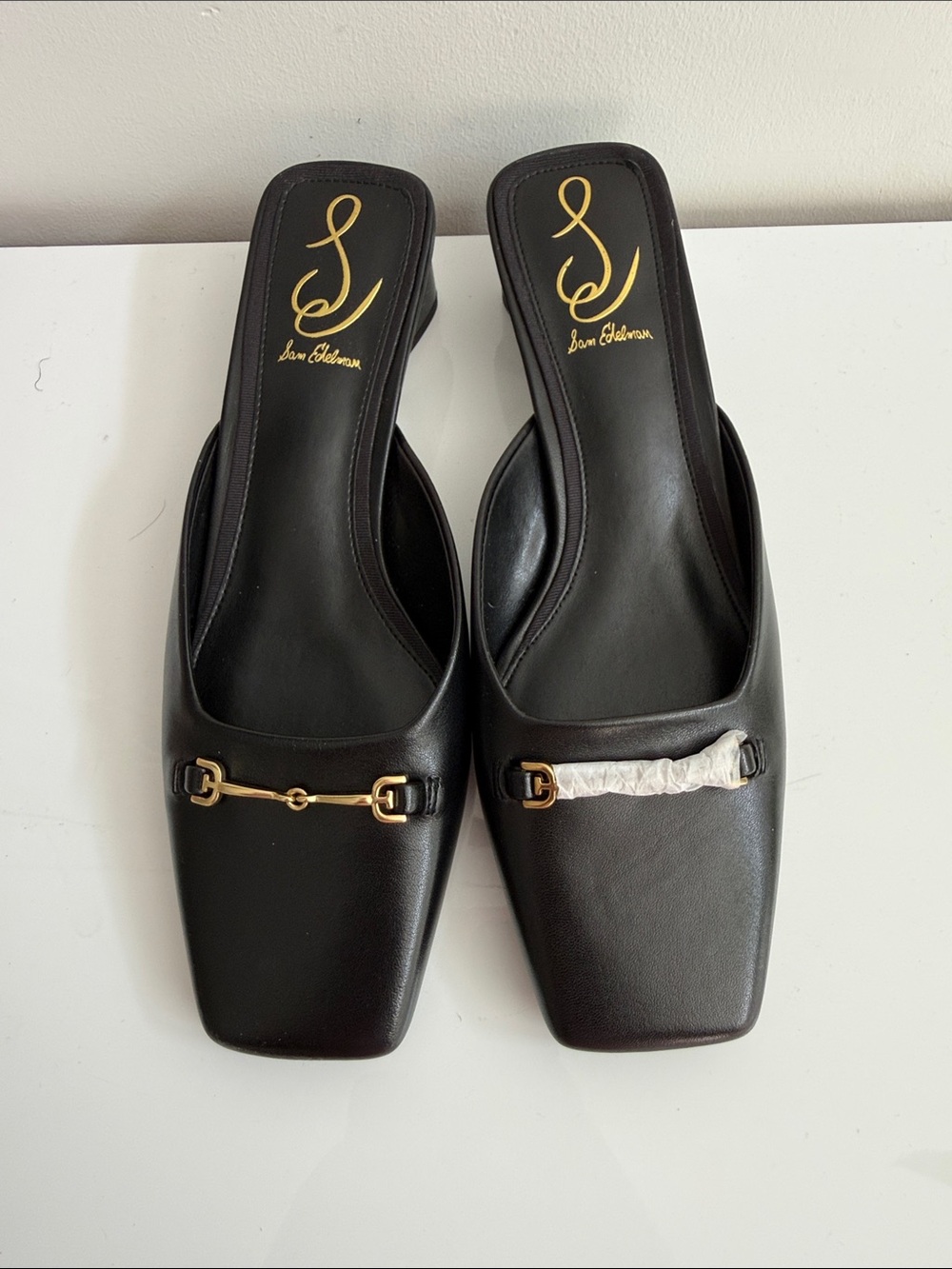 Sam Edelman Black Leather Square-Toe Mules with Gold Accents